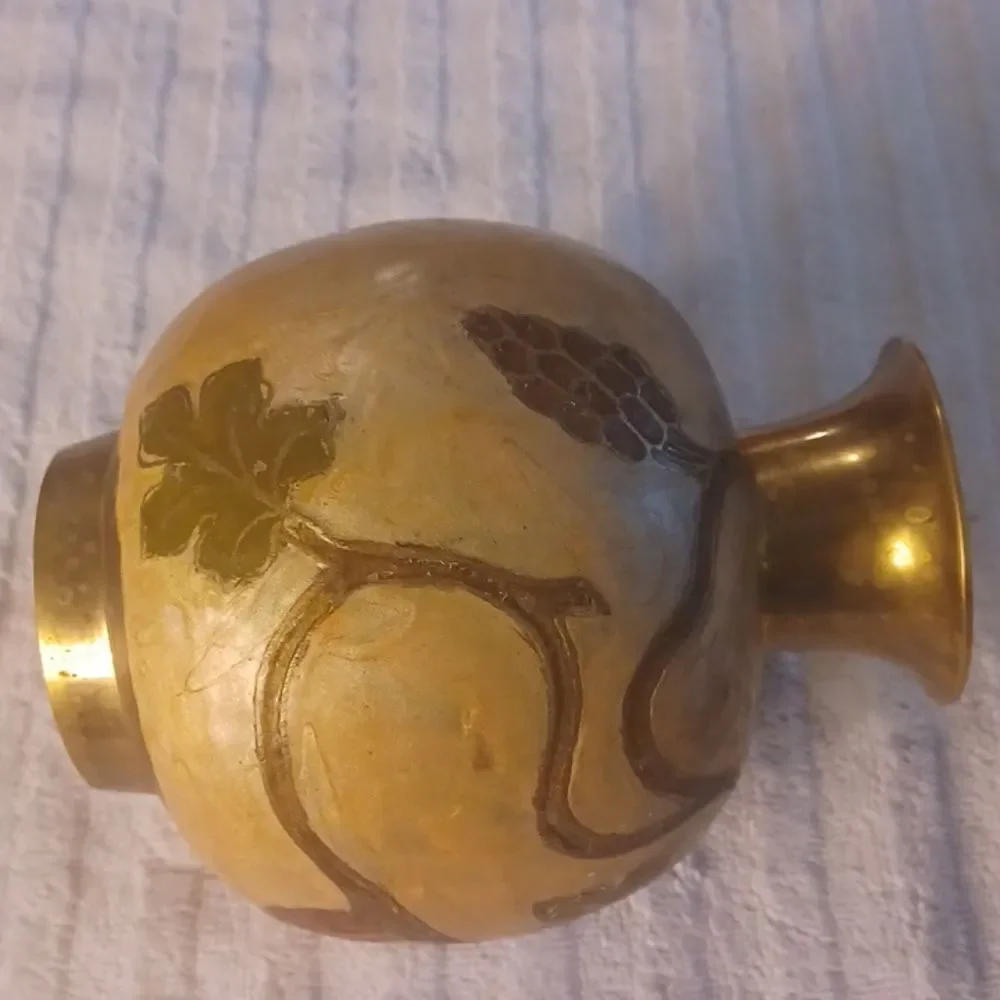 Brass Round Etched Painted Gold Chunky 80,S Gold Floral Rare Painted Vase